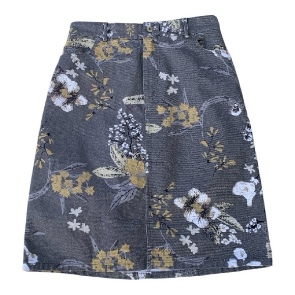 Cute Curation Dresses & Skirts - Cute Curation Gray Denim Skirt Midi Gold White Blk Floral‎ Elastic Waist Size M